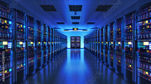 Server Room with Blue Lights  3D Rendering