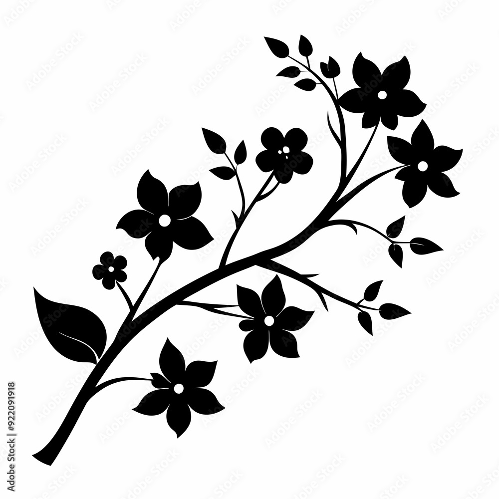 Fototapeta premium Black silhouette of branch with flowers art vector illustration