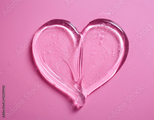 Liquid gel cosmetic smear in the shape of a heart on a pink background. A smear of intimate lubricant.