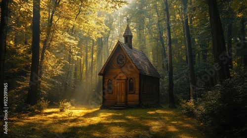 A small wooden chapel in a forest clearing, surrounded by tall trees and dappled sunlight filtering through the branches.