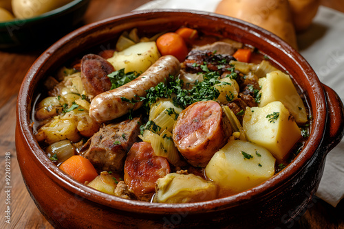 Rustic Cozido a Portuguesa: Traditional Portuguese stew with meats and vegetables in a rich, flavorful broth. photo