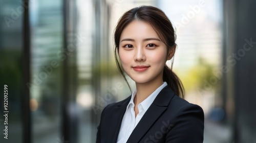 An Asian woman in a suit and tie  smiling confidently at the camera in a well-lit studio  with a business background.