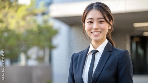 An Asian woman in a suit and tie, smiling confidently at the camera in a well-lit studio, with a business background.