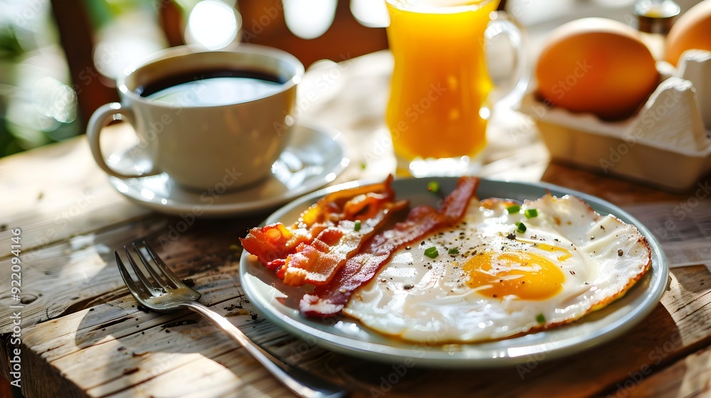 Delicious Plate of Fried Egg and Bacon with Coffee and Orange Juice on a Wooden Table Delicious Plate of Fried Egg and Bacon with Coffee and Orange Juice on a Wooden Table
