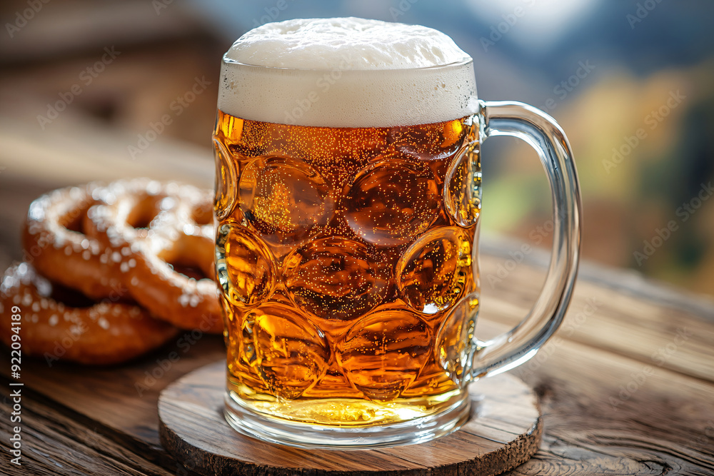 Mug with cold fresh golden beer, pretzels on wooden table in beer garden with Alps mountain on background. Craft beer on glass on Oktoberfest, international beer day celebration. Copy space Mug with cold fresh golden beer, pretzels on wooden table in beer garden with Alps mountain on background. Craft beer on glass on Oktoberfest, international beer day celebration. Copy space