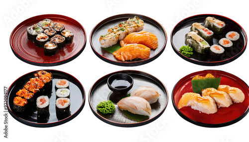  Assorted Japanese Cuisine on Plates isolated on white background 