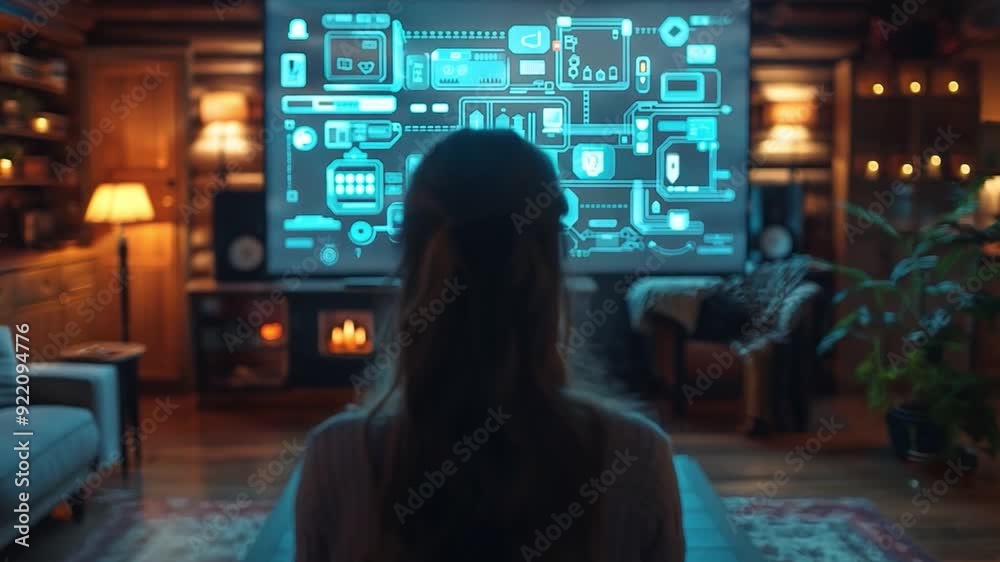 A person interacts with a large screen displaying digital content in a warm, inviting living room. A person interacts with a large screen displaying digital content in a warm, inviting living room.