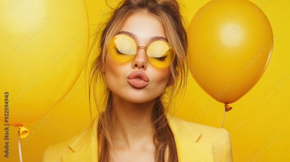 Φωτογραφία A woman in yellow sunglasses with balloons and a balloon, AI