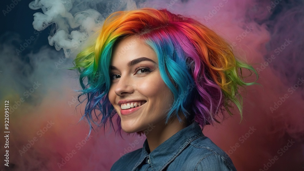 Young Woman With Colorful Hair Smiling Against a Rainbow Background of Vibrant Smoke Young Woman With Colorful Hair Smiling Against a Rainbow Background of Vibrant Smoke