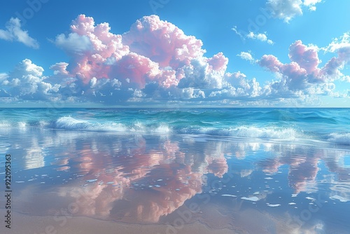 Sunset, a sky full of pink clouds, a calm sea surface, a reflection in the water, photo