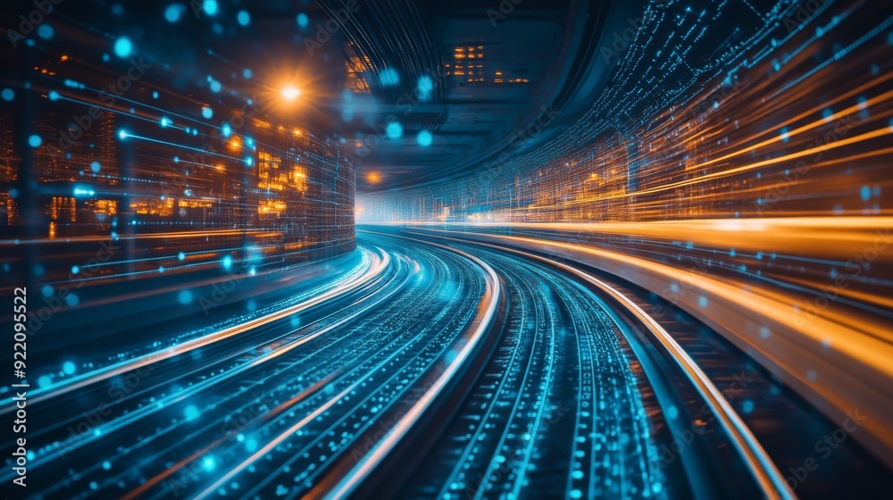 Fototapeta premium High-Speed Data Streams Illustration with Futuristic Cityscape and Motion Blur.