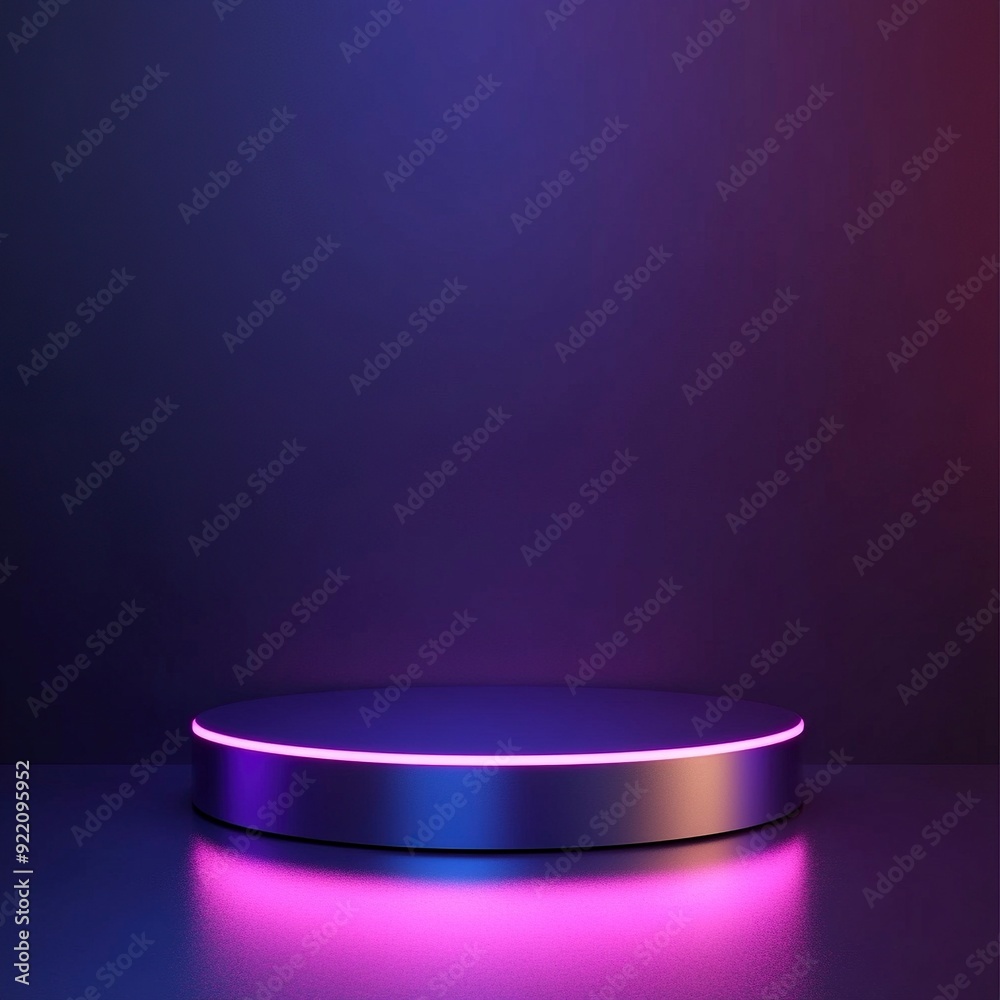 An empty sleek metallic product podium with a neons, set against a gradient of deep purple,style raw , generative ai An empty sleek metallic product podium with a neons, set against a gradient of deep purple,style raw , generative ai