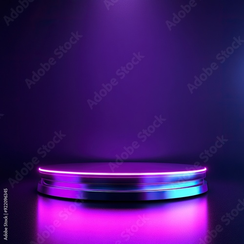 An empty sleek metallic product podium with a neons, set against a gradient of deep purple,style raw , generative ai