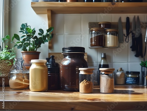 Spices and condiments arranged on a wooden kitchen counter with plants in a cozy home setting