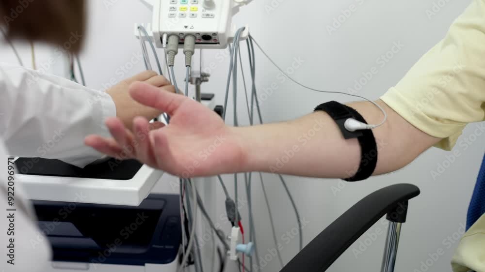 Electromyography for testing patient nerve activity. A modern medical test to detect nerve and muscle issues. Perfect for showcasing professional diagnostics. Electromyography for testing patient nerve activity. A modern medical test to detect nerve and muscle issues. Perfect for showcasing professional diagnostics.