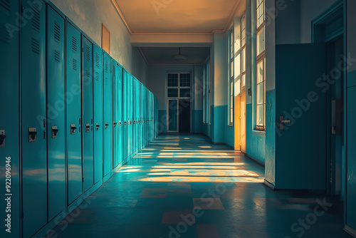Wallpaper Mural  Vibrant School Lockers in Blue and Teal, Featured in a Cinematic Wide-Angle Hallway View with Warm Lighting and Contemporary Design. Torontodigital.ca