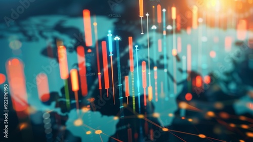 Map Featuring Glowing Blurry Candlestick Forex Chart  Representing Global Trade and Investment Concepts in 3D Rendering