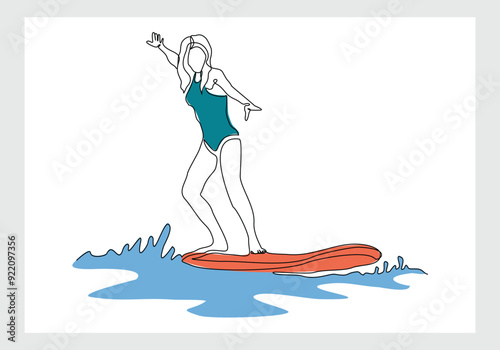 Continuous single line sketch drawing of professional surfing athlete woman ride surfboard on big wave. One line art of extreme sport surfer on beach summer vector illustration