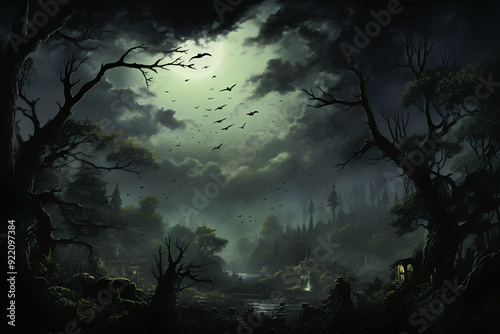 moonlit night and birds flying around
