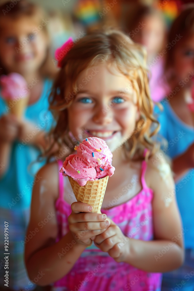 Happy girl holding pink ice cream cone with friends. Happy girl holding pink ice cream cone with friends.