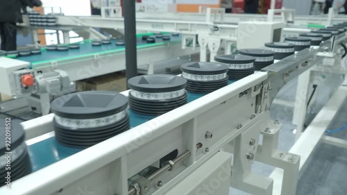 Quality Control of product fruits in factory. Fully automated technology of fruit being graded processing in food product industry factory plant. Fresh fruits running on conveyor belt production line.