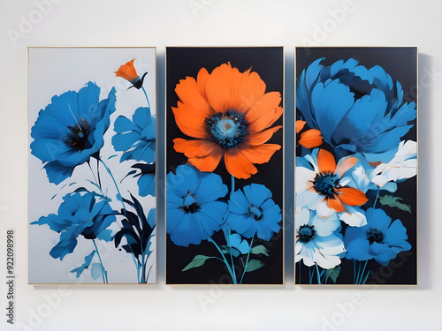 Set of three abstract floral art with blue and orange hue
