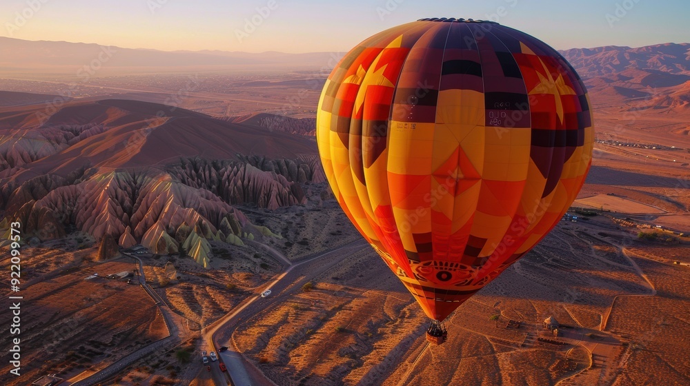 Obraz premium view of hot air balloons floating over desert red sand dunes as the sunset paints the sky with vivid colors.