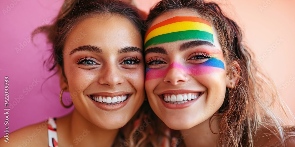 Fototapeta premium Two women with rainbow painted faces are smiling at the camera. Scene is cheerful and fun