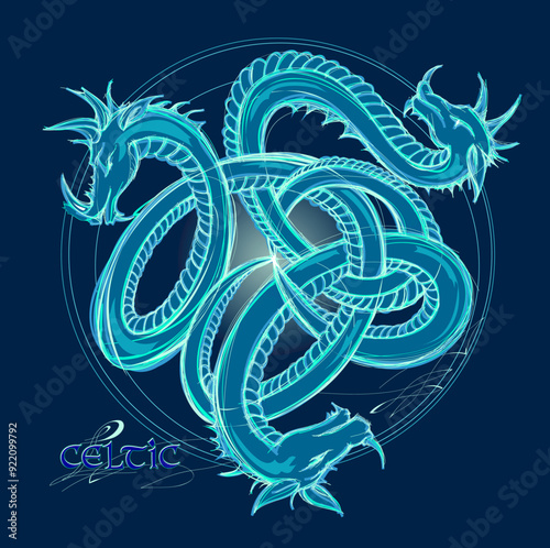 Triple trickle Celtic spiral ornament with green dragons. Ancient Irish symbol. Ethnic magic sign. Old triskelion vintage. Print for logo, icon, coin, tattoo. Swirl decoration. Vector illustration.