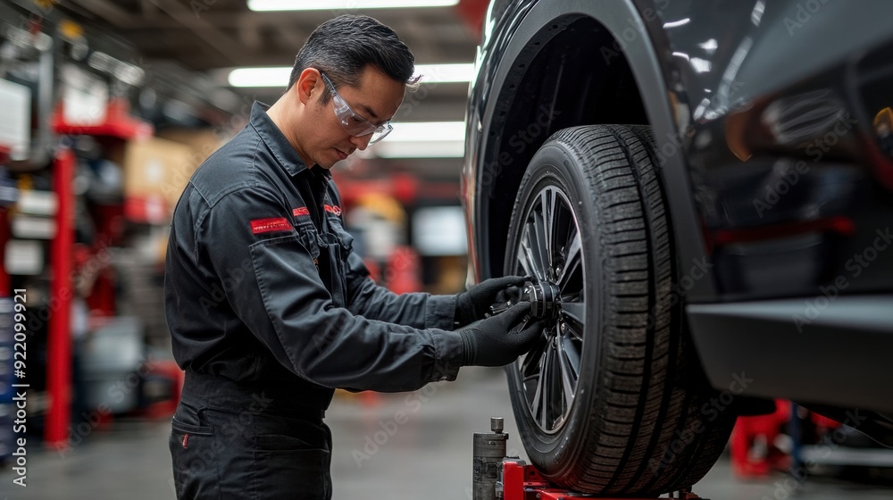 Mechanic adjusting alignment on car wheel in auto repair shop Mechanic adjusting alignment on car wheel in auto repair shop