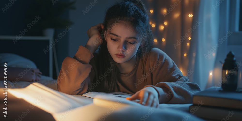 A girl is reading a book in bed. She is looking at the pages with a serious expression A girl is reading a book in bed. She is looking at the pages with a serious expression