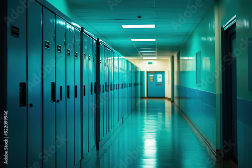  Vibrant School Lockers in Blue and Teal  Featured in a Cinematic Wide-Angle Hallway View with Warm Lighting and Contemporary Design.