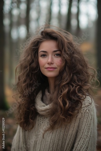 A woman with long brown hair is wearing a white sweater and smiling. The image has a warm and friendly mood, with the woman's smile and the cozy sweater creating a sense of comfort and happiness