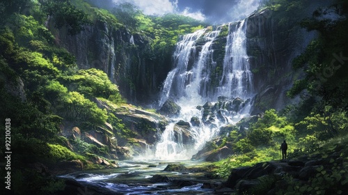 Majestic Waterfall in Lush Green Forest