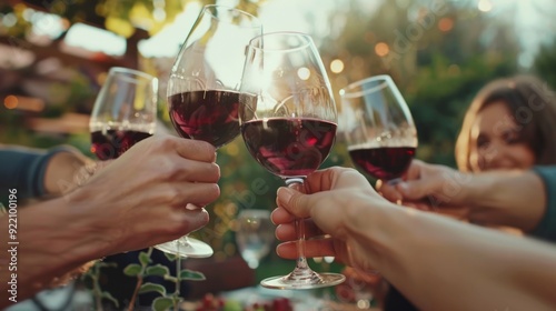 Friends and family gathered around a table toasting with red wine in an indoor setting, expressing happiness and celebration.