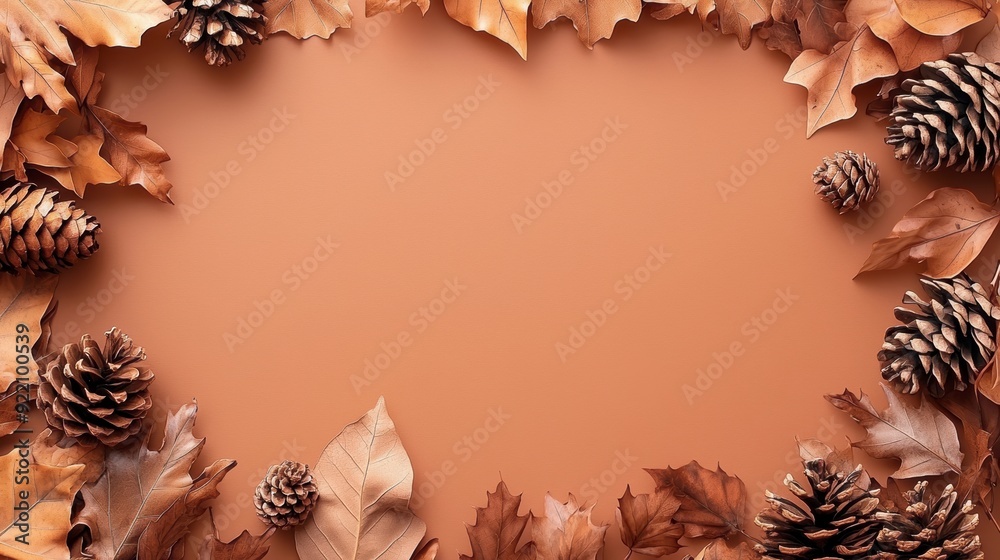 Autumn leaves and pine cones forming a frame on brown background Autumn leaves and pine cones forming a frame on brown background