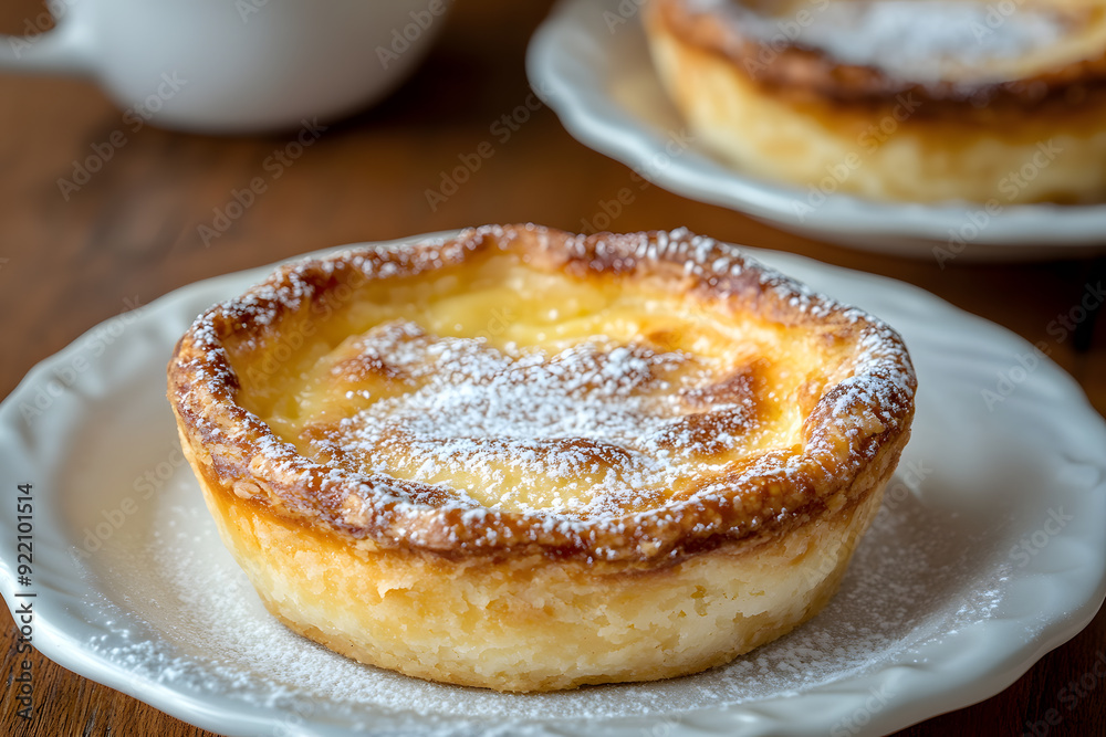 Golden-brown Portuguese Queijada on rustic wooden table with espresso. Authentic and delicious. Golden-brown Portuguese Queijada on rustic wooden table with espresso. Authentic and delicious.