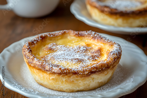 Golden-brown Portuguese Queijada on rustic wooden table with espresso. Authentic and delicious.