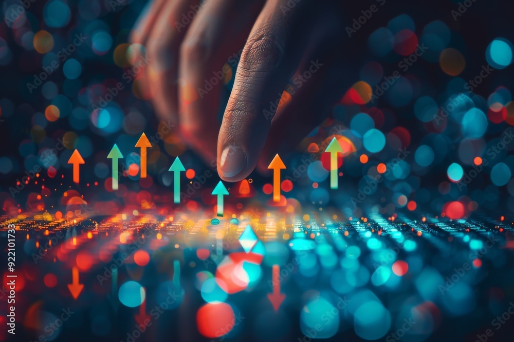a businessman touches a virtual hologram of a revenue growth graph with growth arrows 