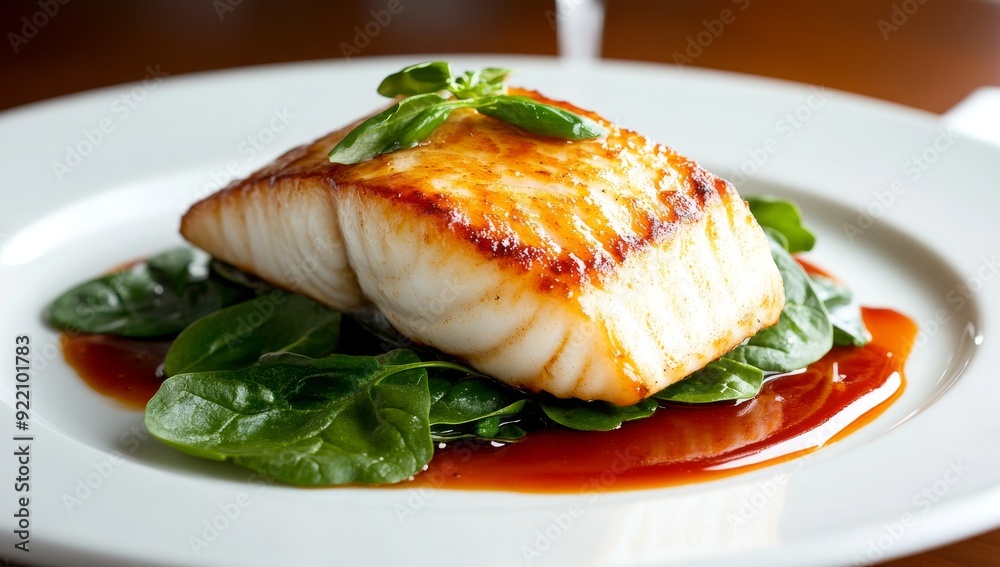 Seared Halibut Fillet on Sautéed Spinach, Drizzled with Ginger and Honey or Maple Syrup, Elegant Restaurant Seared Halibut Fillet on Sautéed Spinach, Drizzled with Ginger and Honey or Maple Syrup, Elegant Restaurant