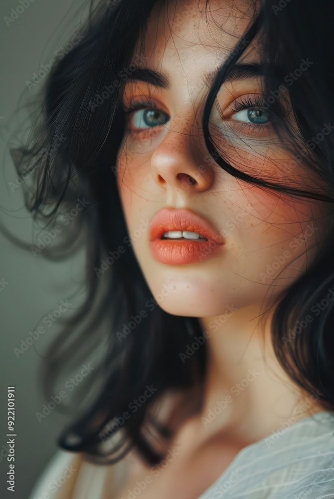 Close-up portrait of a beautiful young woman with long black hair and blue eyes. Close-up portrait of a beautiful young woman with long black hair and blue eyes.