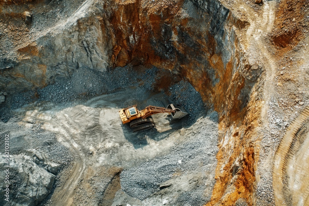 Fototapeta premium Miner extracting minerals from rock seen from above with rich earth textures and dynamic lighting