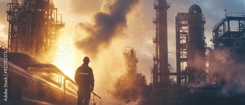 refinery worker handling equipment timelapse dawn scene with mist and machinery bright details