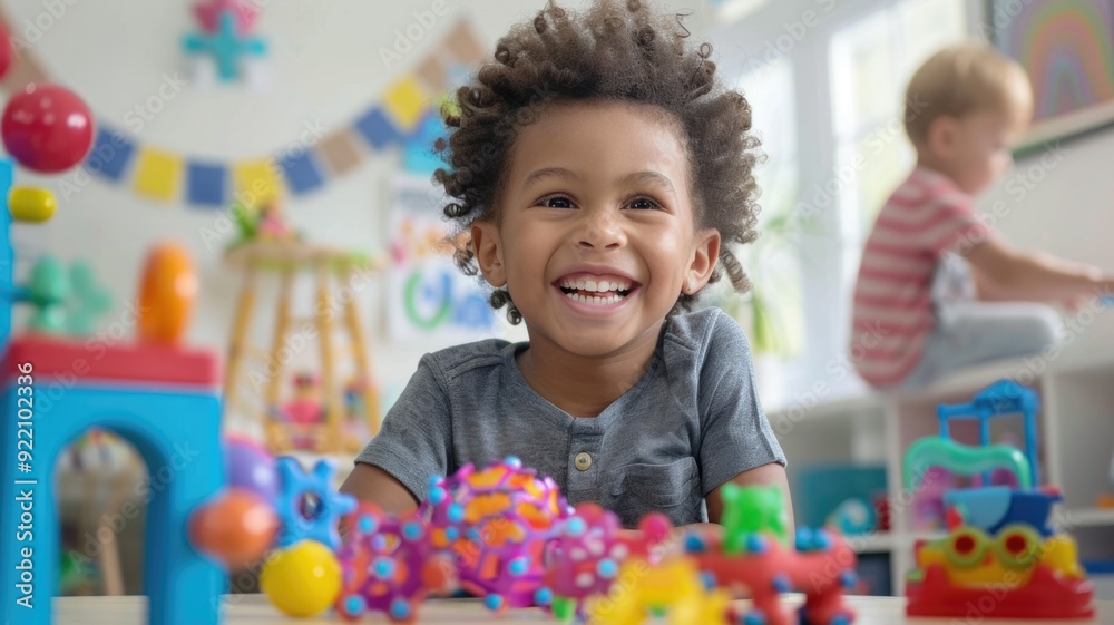 Preschool children engaging in playful learning activities, with educational toys and bright decorations Preschool children engaging in playful learning activities, with educational toys and bright decorations
