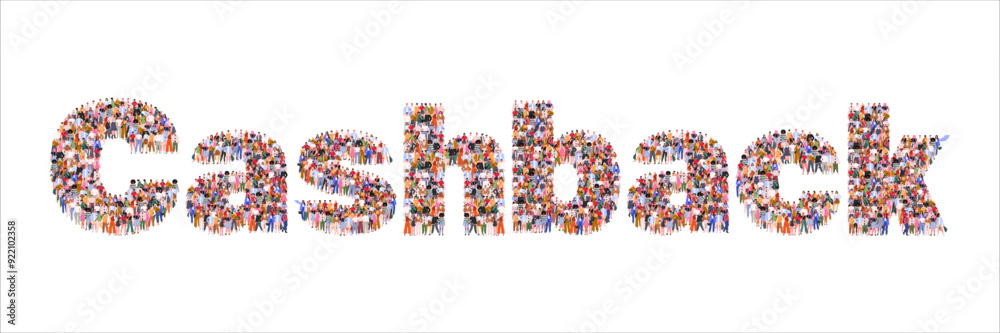  Large group of people forming word Cashback. Loyalty program, cashback, shopping reward. Concept of refund and digital payment with money back. People standing together. Flat vector illustration. 