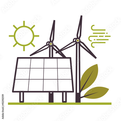 Solar and wind power plant. Renewable electricity resource from solar panels and wind turbines. Clean electric energy concept. Flat vector illustration. Not AI generated