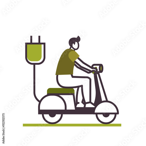 A man who lives a sustainable lifestyle and rides an electric scooter. Electric transportation and eco friendly vehicle concept. Flat graphic vector illustration isolated on white background.