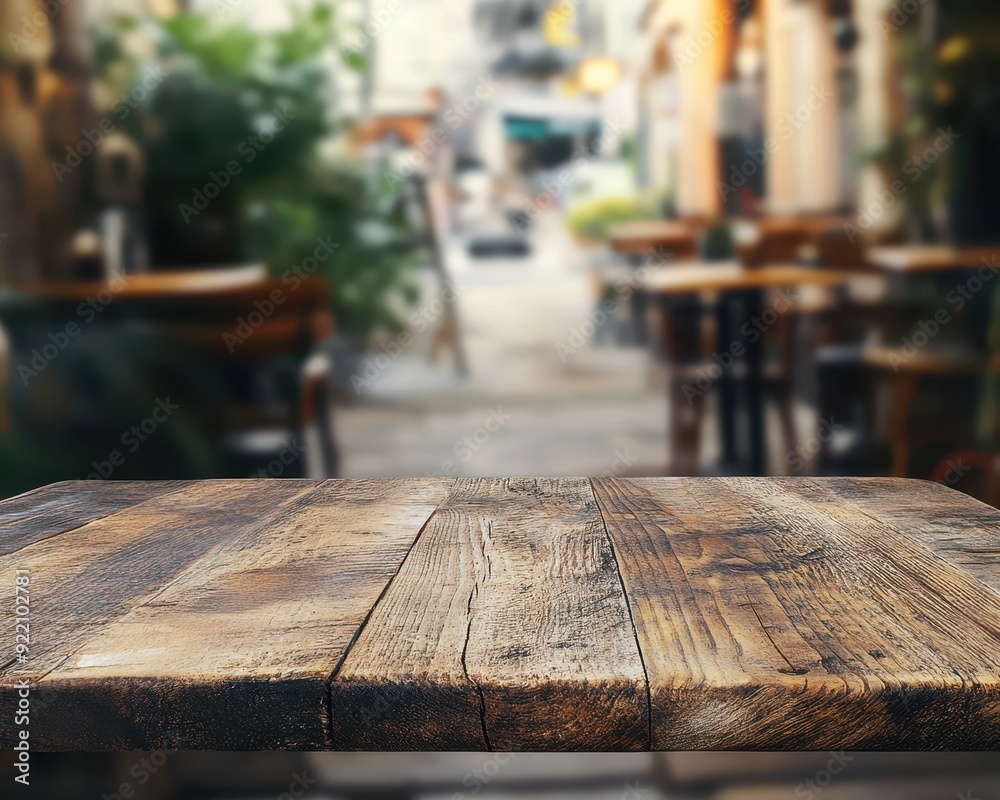 Sharp, textured wooden tabletop with natural imperfections, set against a softly blurred urban cafe background, sharp natural surface, rustic tabletop