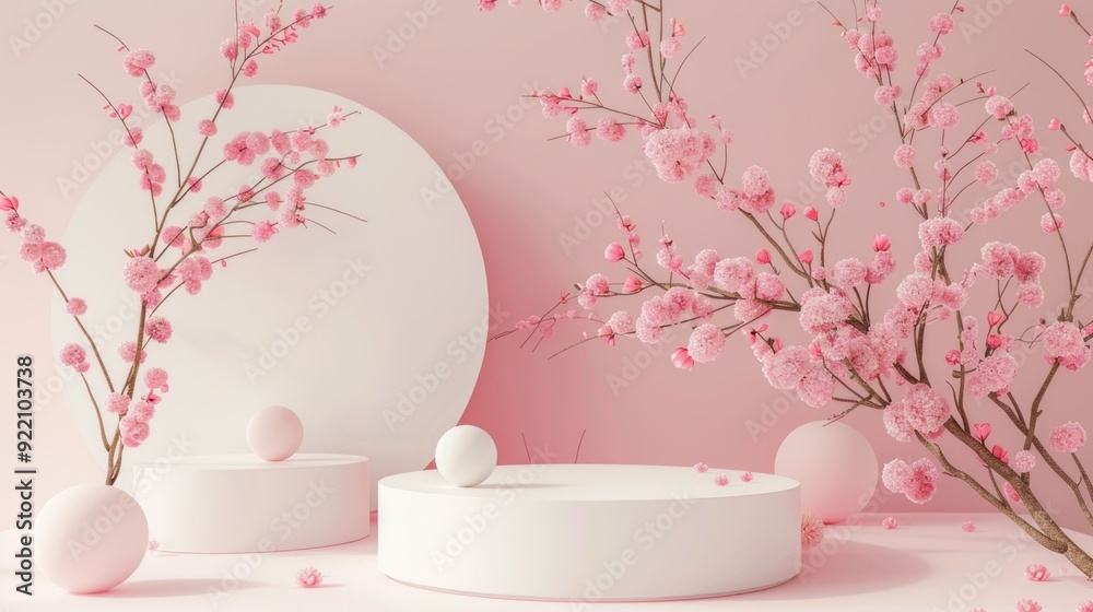 Elegant floral arrangement with pink blossoms on a minimalist backdrop Elegant floral arrangement with pink blossoms on a minimalist backdrop