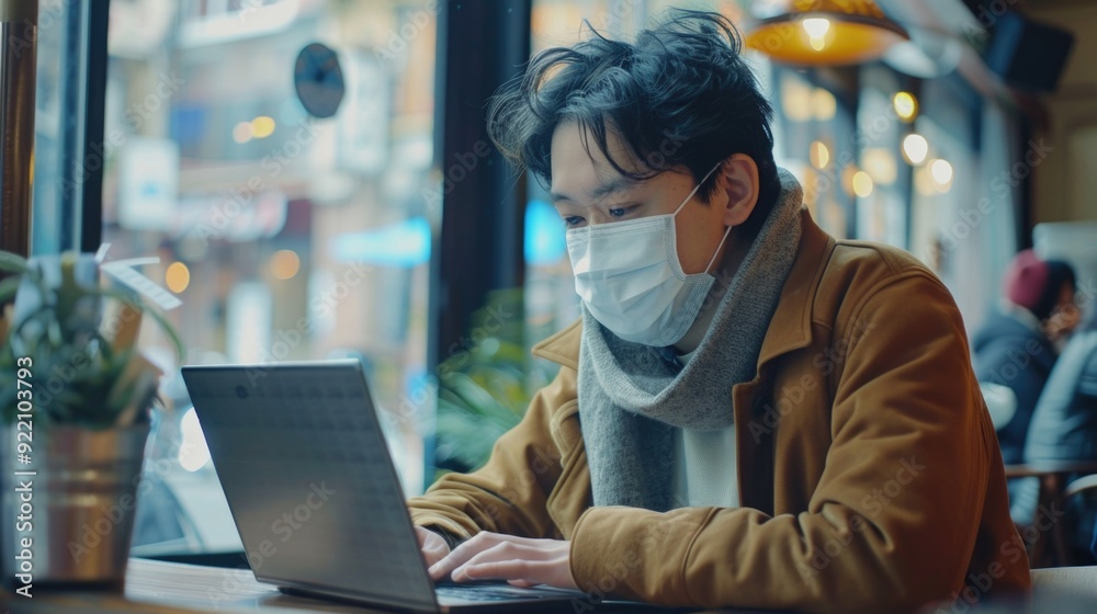 Woman wearing mask typing on laptop at cafe. Office work setting. Woman wearing mask typing on laptop at cafe. Office work setting.